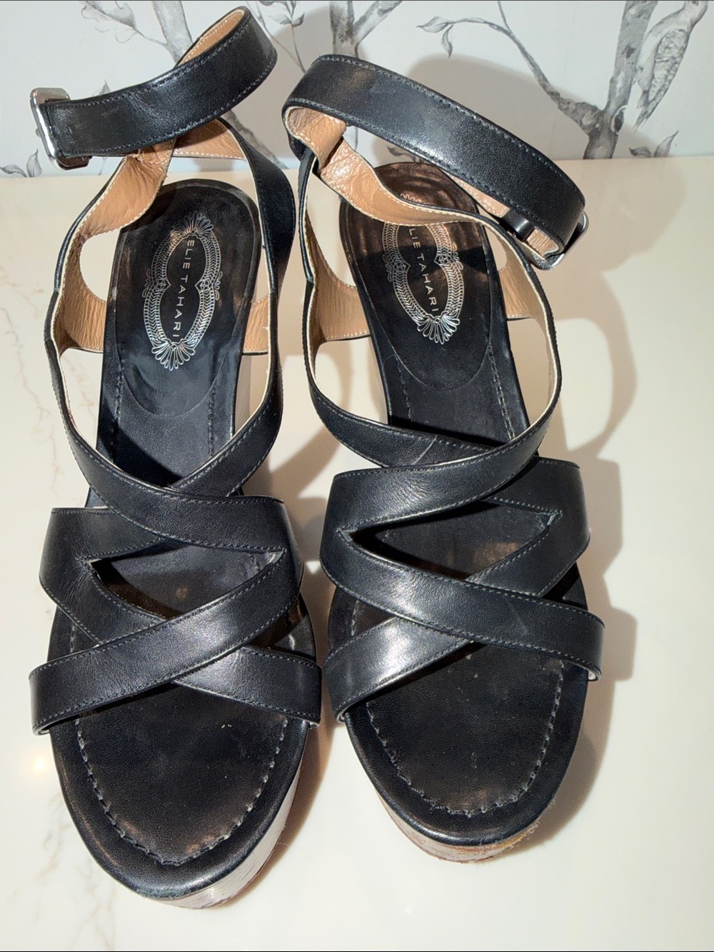 Elie Tahari Black Leather Crisscross Wedge Sandals